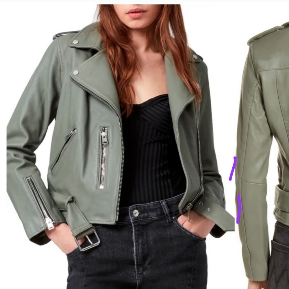 All Saints Sage Green Balfern Biker Leather Jacket NWOT